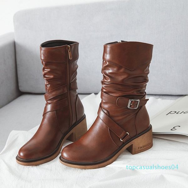 

2019 women's short boots mid tube winter leather boot black boot stylish motorcycle boots buckle mid heels botas t04