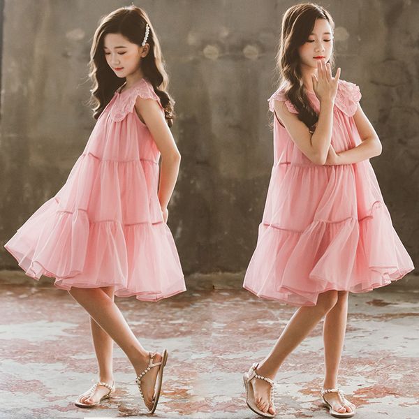 

girls dress summer 2020 new mesh princess dress for teen girls cute kids sleeveless casual dresses children clothes, #8887, Red;yellow