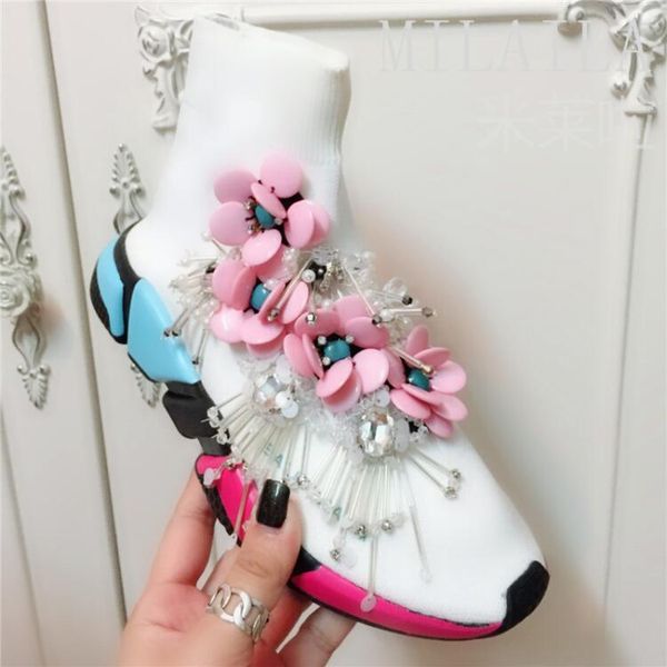 

fringed gemstone custom flower paris socks shoes european station thailand hong kong street fashion, Black