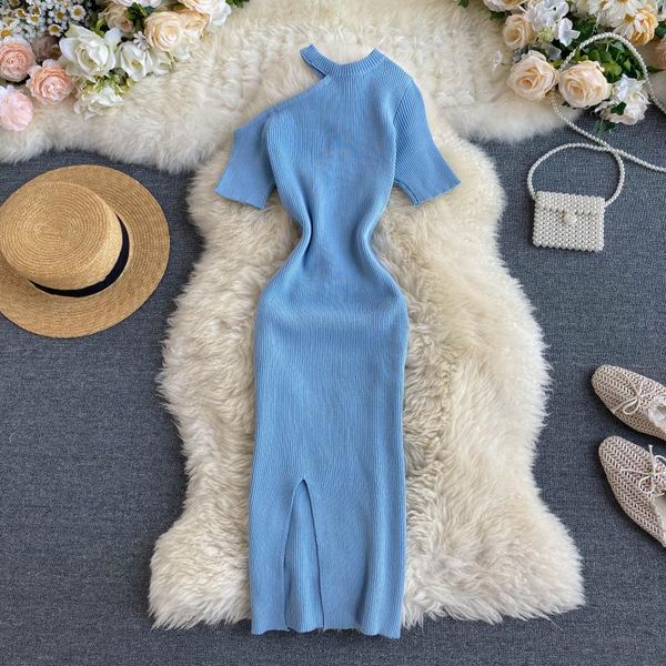 

vintage designed off-shoulder stretch-knitted waist hip split dress female summer 2020 casual bodycon midi dress women, Black;gray