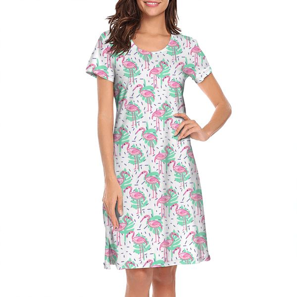 

nighties for women summer pop flamingo art and tropic palm printing fun humorous short sleeve nightdress pink leaf on greeb clouds white, Black;red