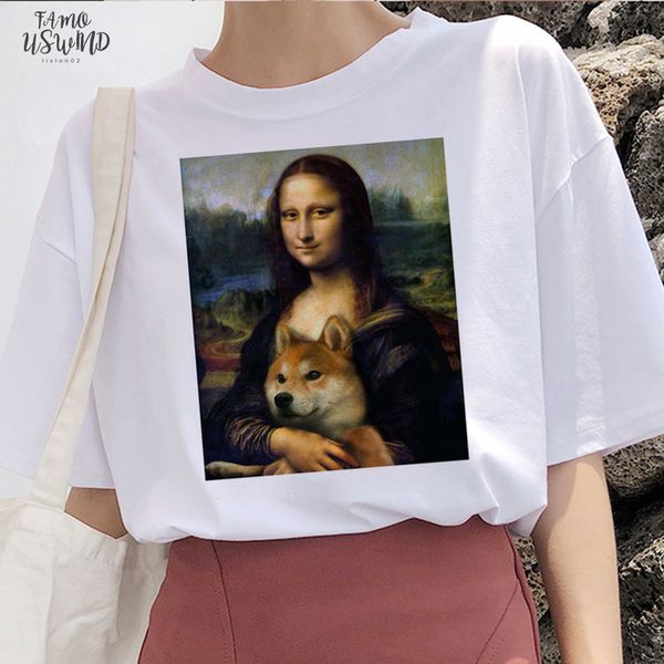 

mona lisa t shirt women female dog korean harajuku funny tshirt graphic ulzzang grunge t shirt femme casual hip hop, White