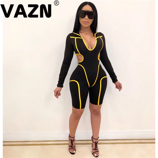 

vazn casual 2020 summer lady 2 colors black playsuits full sleeve hooded u-neck playsuit lady skinny fashion playsuits, Black;white