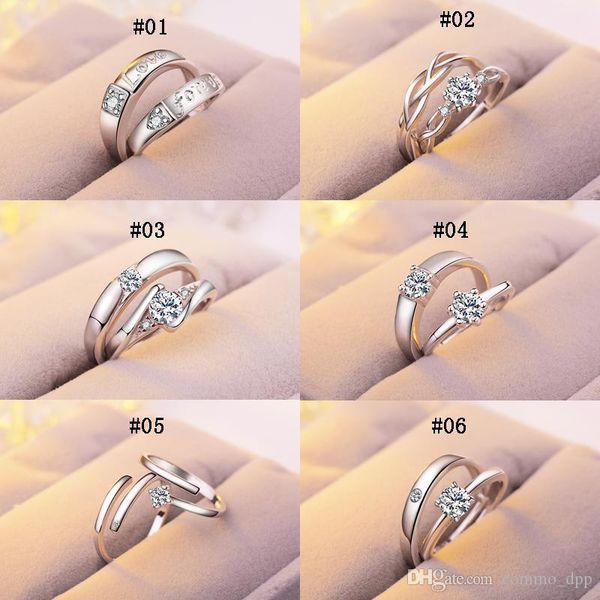 

12 стилей роскошные sterling серебряные обручальные кольца женщин и мужчин на участие cz драгоценных камней открытые кольца для пары promise, Slivery;golden