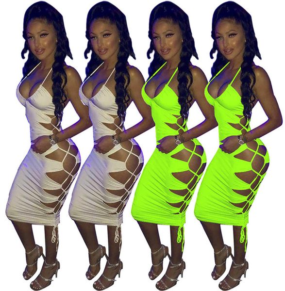 

neon green side hollow bandage sundress women spaghetti strap sleeveless party dress summer deep v neck backless wrap dress n19.7-2133, White;black