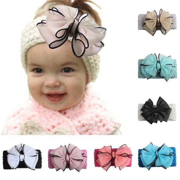 

children big chiffon bow wool crochet hairband kids headband infant knitting headdress baby girls ear warm headwrap, Slivery;white