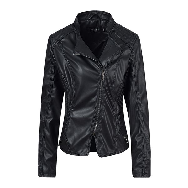 

jaycosin women's lapel zip leather jacket parka coat overcoat biker outwear long sleeve winter short lapel korean version jacket, Black;brown
