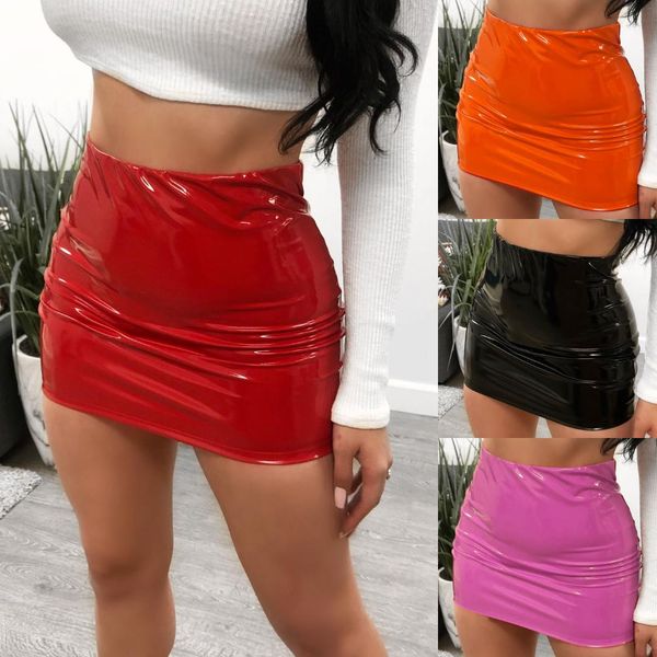 

2019 summer women bodycon skirts bright leather package hip mini skirt female wrap high waist slim short skirt club wear, Black