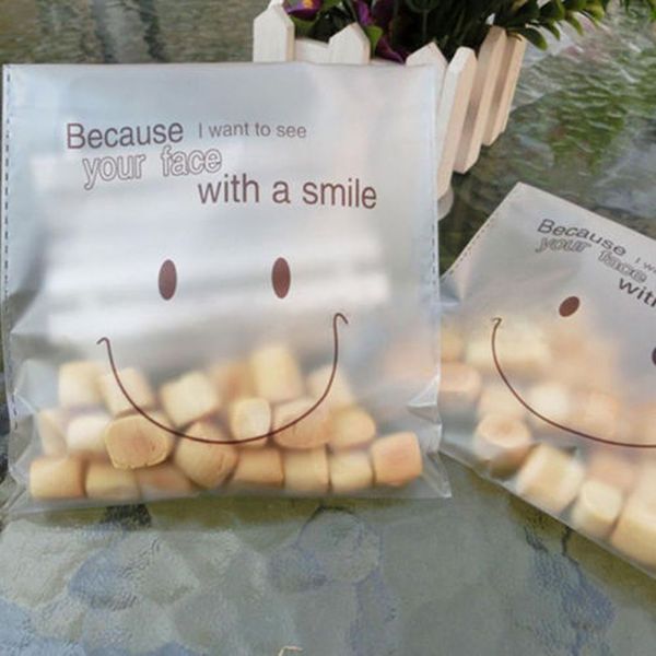 

smile face gift bag adhesive cellophane cookies candy cake party 14*14cm 100pcs
