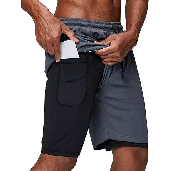 

men's 2-in-1 double-layer jogging shorts with built-in pockets, quick-drying beach sports pants, fitness pants grey, Black;blue