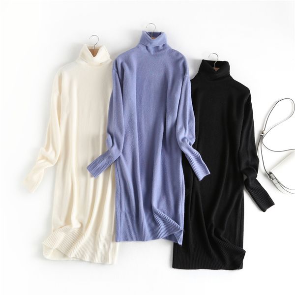 

turtleneck knitted dress soft winter long sweater dress 59497-lh, Black;gray