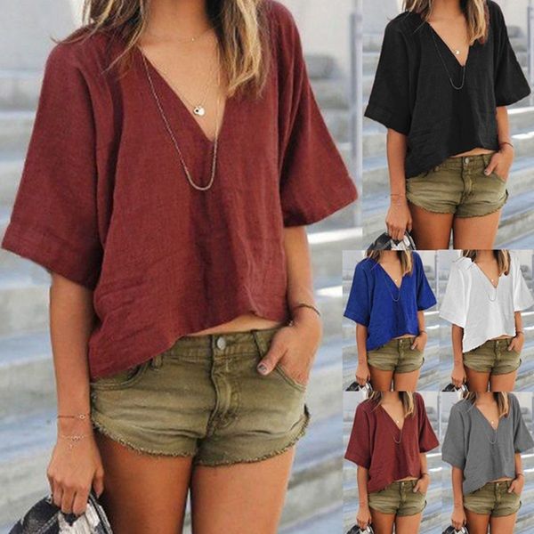 

2019 women's solid color casual loose and v-neck short sleeve t-shirt cotton and linen t-shirt cotton linen, White