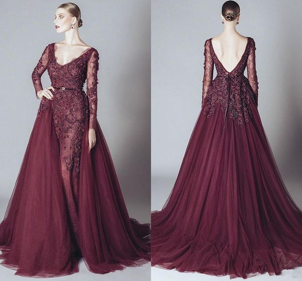 

2019 Винтаж Русалка Вечернее Платье Maroon Кружева Аппликация с Длинным Рукавом Datachable