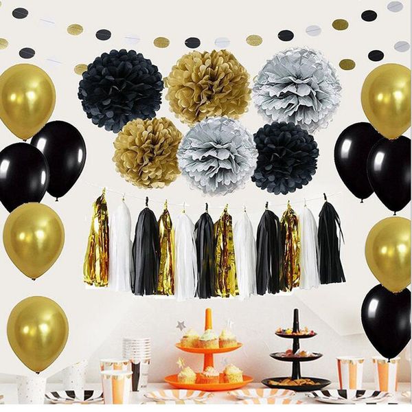 2020 Black Gold Latex Balloons Paper Flowers Poms Poms Tissue