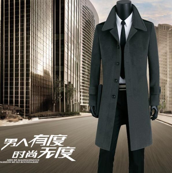

teenager casual woolen coat men trench coats long sleeves overcoat mens cashmere coat casaco masculino england thicken grey 9xl, Black
