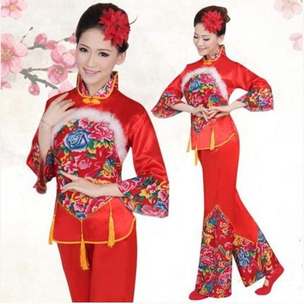 

traditional chinese clothing women ancient chinese style costume red yangko folk dance costume fan dance, Black;red