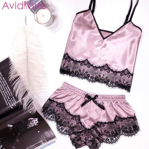 

women lace patchwork nightwear v-neck satin camisole panty lingerie set, Red;black