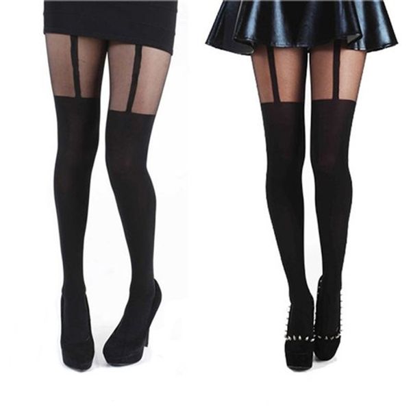 

female black fake garter belt suspender tights over the knee hosiery