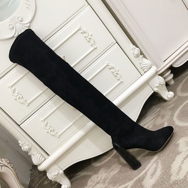 

europe and america autumn and winter new square head stretch exquisite high heel women over knee boots women thick heel knight boots, Black