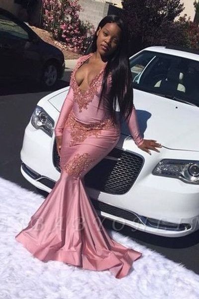 

dusty pink v шеи русалка пром платья sexy глубокий v шеи с длинными рукавами африканский кружева аппликациями вечернее платье черная девочка, Black