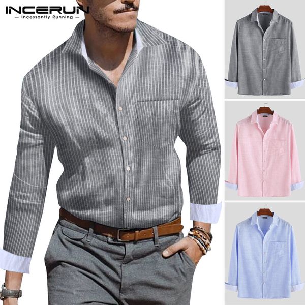 

men pure color chic pinstripes button down shirts leisure lapel long sleeve small fresh blouse incerun camisa masculina 2019, White;black