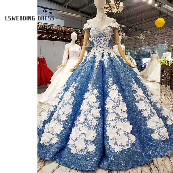 

2019 3d flowers decorate special blue evening dress with beaded shoulder chain off shoulder floor length swollen evening dress, Black;red