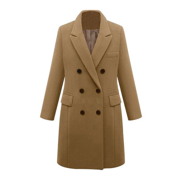 

plus size 5xl winter warm women girl wool lapel long coat slim trench parka double-breasted pockets jacket overcoat outerwear, Black