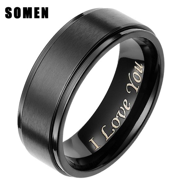 

somen 8mm men black brushed titanium ring engraved " i love you" for wedding band engagement rings fashion bague homme j190704, Slivery;golden