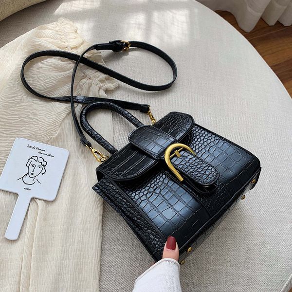 

textured crocodile pattern leather retro handle women's handbag belt lock buckle shoulder bag texture solid color messenger bag