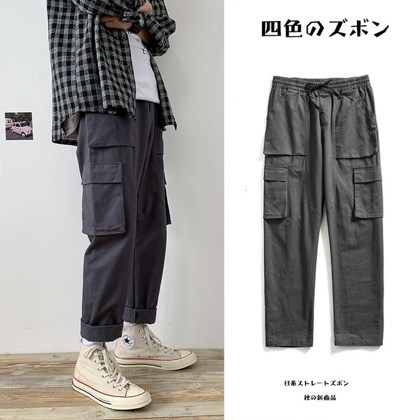 

autumn tooling pants men fashion solid color cotton casual multi-pocket overalls man streetwear loose straight trousers s-4xl, Black