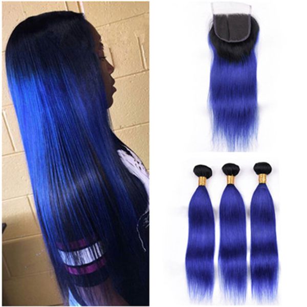 Grosshandel Dark Blue Ombre Jungfrau Peruanisches Menschenhaar Einschlag Mit Top Closure 3bundel 1b Blue Ombre Hair Weaves Dark Root Mit 4x4 Lace