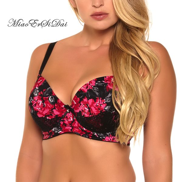 

miaoersidai цветочные печати bralette push up bra шнурок bralette soutien ущелье бюстгальтер большого размера бюстгальтеры для женщин d dd d, Red;black