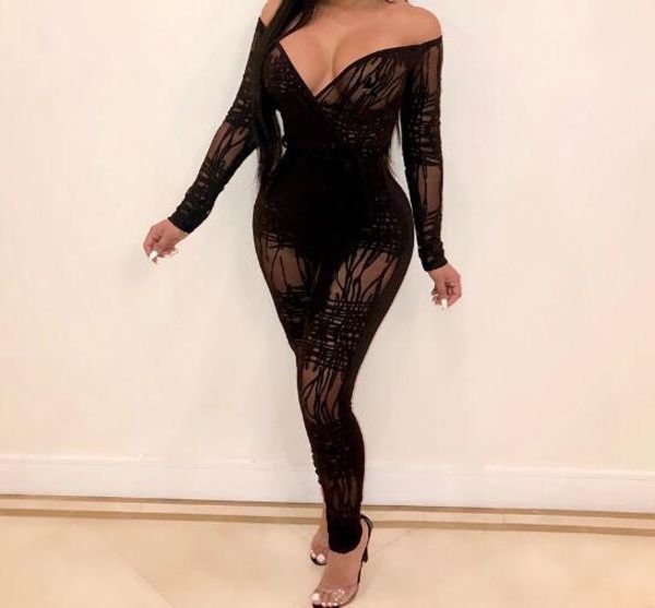 

2019 новый женский sexy big v-образным вырезом off-плечу комбинезон моды vintage индивидуальность линия печати ремни ночной комбинезон, Black;white