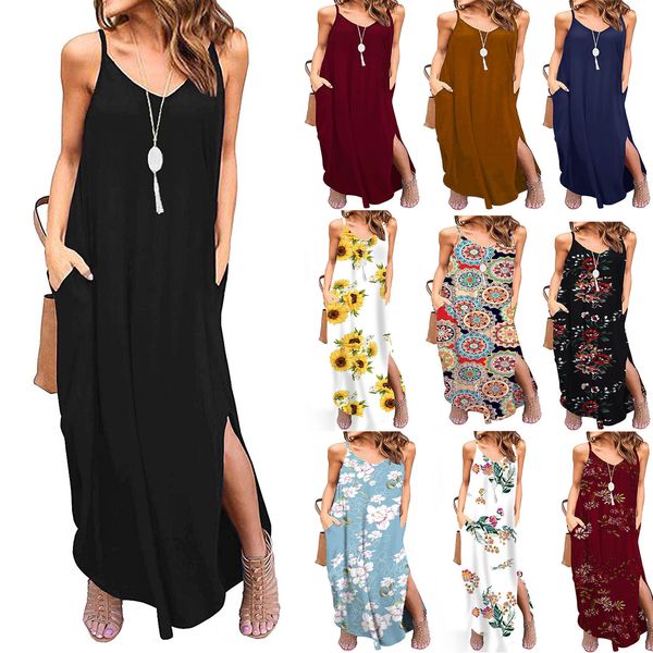 

2020 women's printed sling big swing knotting dress, Black;gray