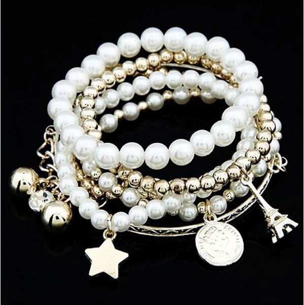 

6pcs/set gold silver color eiffel tower star charms bracelet elastic multilayer pearl beaded bracelets for women ladies girls, Golden;silver