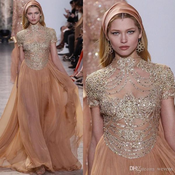 Elie Saab Dubai pescoço de uma linha de vestidos de alta Evening Illusion manga curta Lace Applique até o chão Beadings Runway celebridade Vestidos