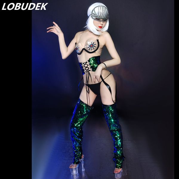

stage wear dance costume bar nightclub dj singer rhinestones bikini leggings set pole party rave performance clothes, Black;red