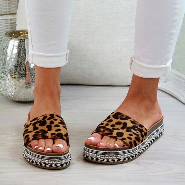 

adisputent leopard лето женщина тапочки peep toe платформа повседневная обувь женщина пляж вьетнамка женского слайды sandalia feminina, Black
