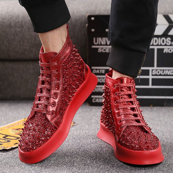 

male skate shoes silver sequined shoes rivets punk glitter men sport youth high street flats thick-soled z1-46