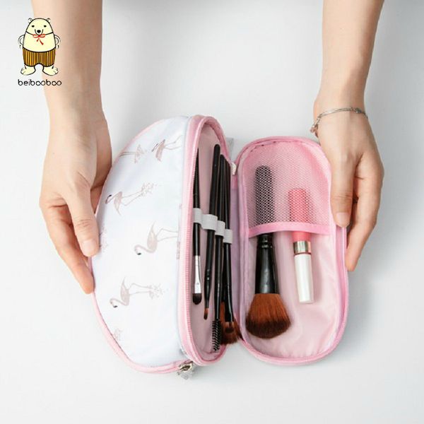 

beibaobao 2019 new simple double layer ladies shell cosmetic bag hand print storage bag essential oil makeup brush organizer