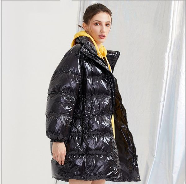

women winter down jacket long bright face pu thick stand collar loose white duck down fashion personality coat, Black