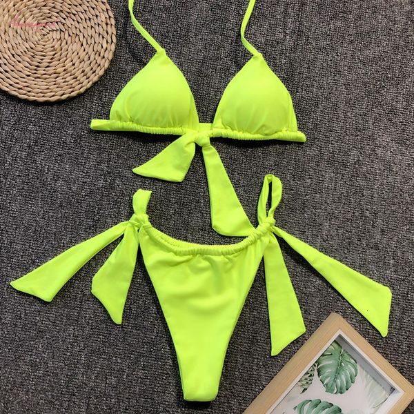

neon green knotted bikini 2020 female swimsuit women swimwear two pieces bikini set bather halter bathing suit swim wear, White;black