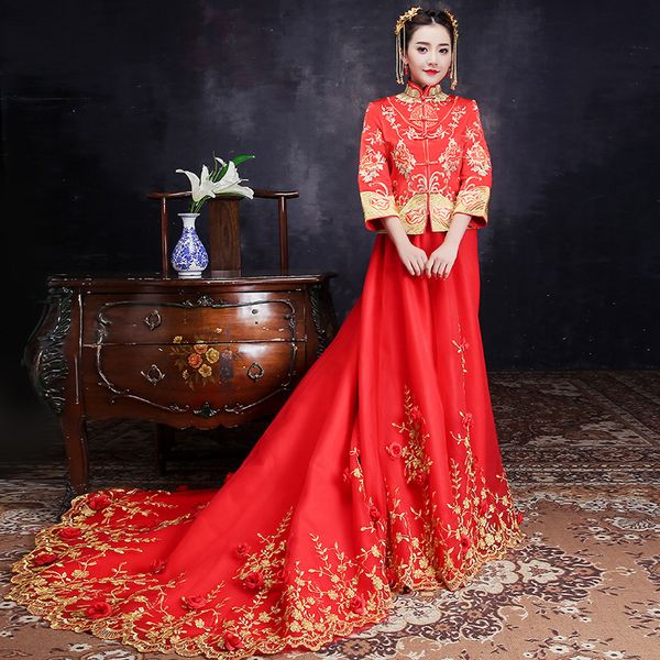 

red chinese traditional wedding dress qipao gules embroidery cheongsam long flower bride marry woman oriental robe chinoise
