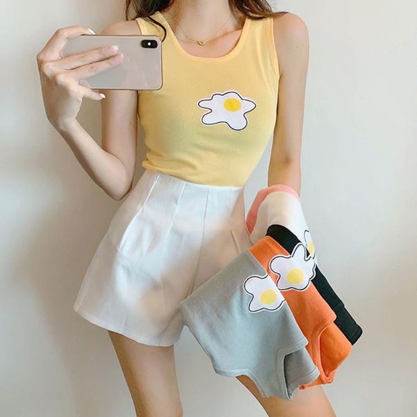 

candy cute summer women tank casual wild o-neck print flower sleeveless bottoming tank knitted wild top, White