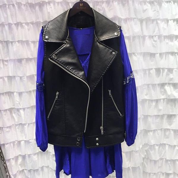 

ewq] 2020 spring new turn-down collar motorcycle leather vest sleeveless pu jacket korean women casual black leather vest qz655, Black;white