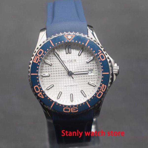 

bliger 41mm white dial luminous marks blue ceramic bezel sapphire 21 jewels miyota automatic movement men's watch, Slivery;brown