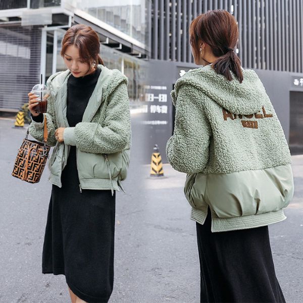 

winter patchwork lamb parkas women 2019 korean lerrer warm short down cotton jacket female casual thick pockets ladies parka, Black