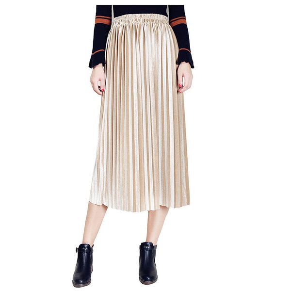 

champagne gold women's glittery high-waist shiny shimmer accordion midi formal party a-line long pleated metallic skirts, Black