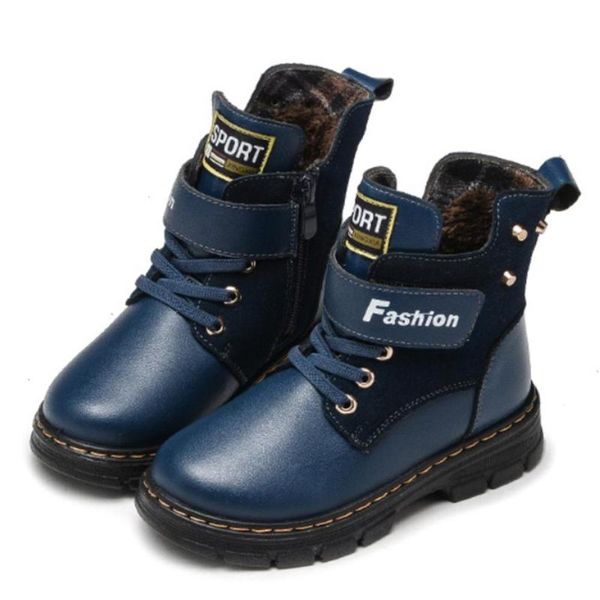 

winter children' martin boots leather boys thicked cotton shoes korea style soft sole flat genuine leather shoes, Black;grey