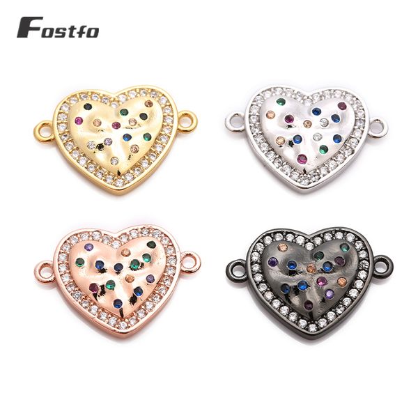 

2pcs/lot wholesale love heart shaped tiny copper charms cubic colorful zircon paved double holes pendant for necklace bracelet, Bronze;silver